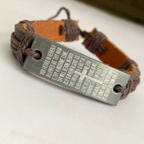 Vintage The Lords Prayer Leather Bracelet Mens Womens Adjustable Rope Catholic - Picture 5 of 10